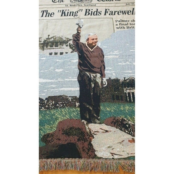 VINTAGE ARNOLD PALMER GOLF THE KING BIDS FAREWELL THROW RARE TAPESTRY ST ANDREWS - Picture 1 of 7